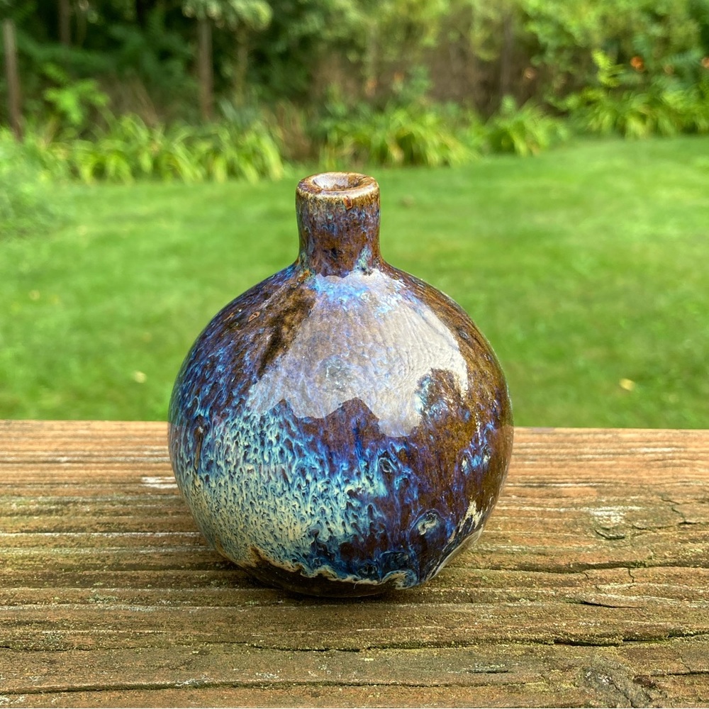Vintage Brown and Blue Glazed Round Bud Vase
